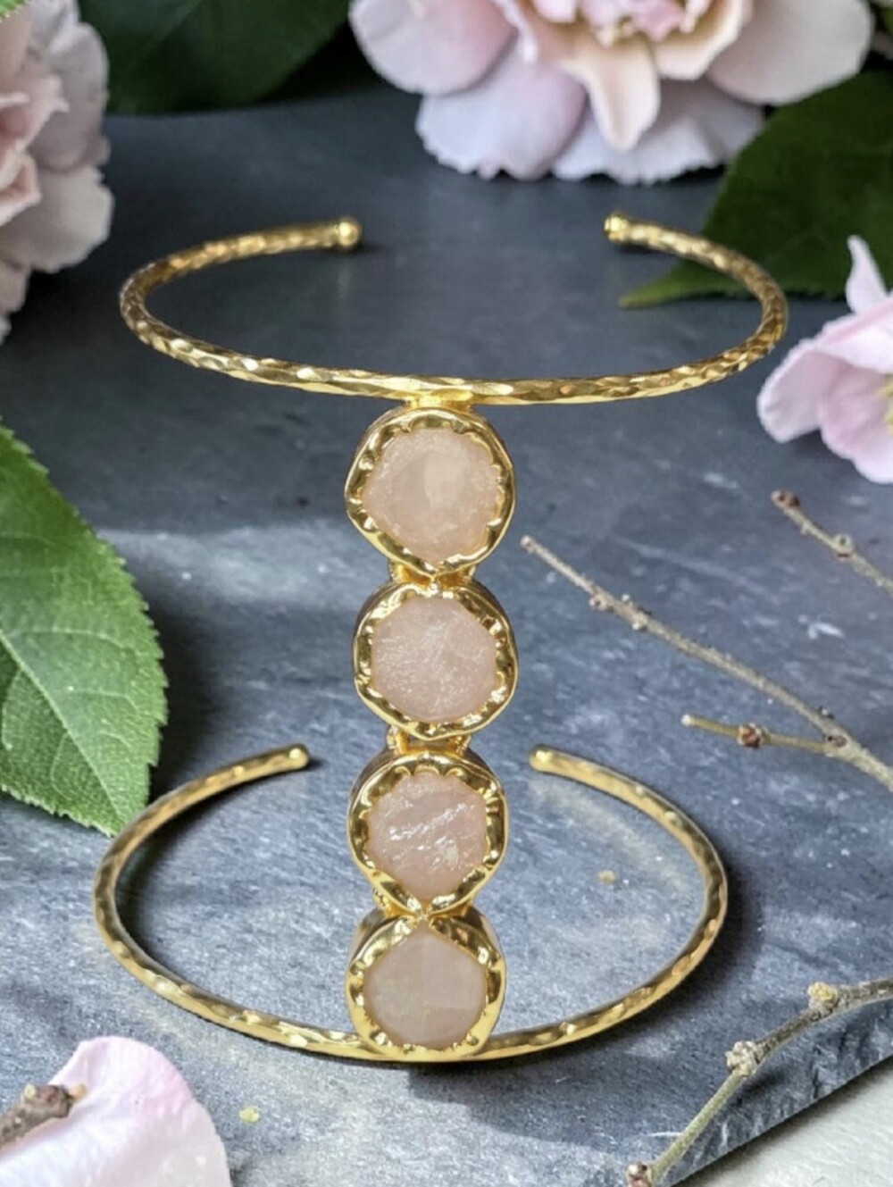 18k Gold Plated Artisan Genuine Raw Natural Rose Quartz Cuff Bracelet